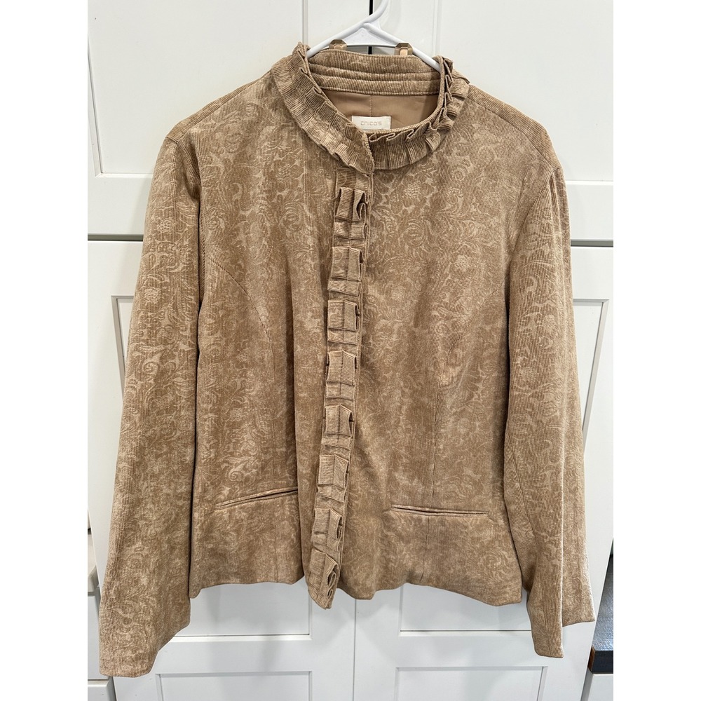 Chicos Tan Corduroy Floral Damask Ruffle Blazer Jacket Womens Size 2 Large L